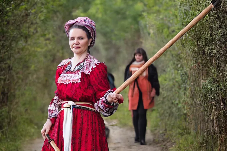 Image similar to romanian woman with scythe, drmatic ligthing, traditional romanian clothes