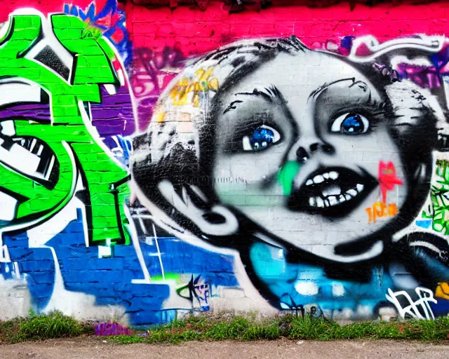 Image similar to 4 k hd, high resolution photograph of graffiti art on a wall by artist banksy, full colour, shot with sigma f / 4. 2, 2 5 0 mm sharp lens, wide shot, high level texture render