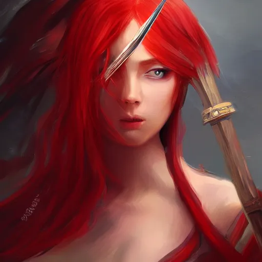 Image similar to a painting of a woman with red hair holding a sword, a digital painting by Yun-Fei Ji, deviantart contest winner, fantasy art, detailed painting, artstation hd, concept art