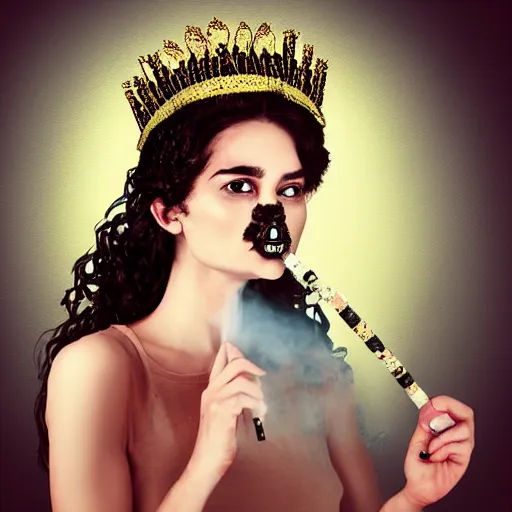 Image similar to full body potrait of a woman. woman is wearing a crown made of cigarettes. Woman is wearing a skull mask. Smoke effects forms question mark. Digital painting. Art station. Mood lighting. - h 1200