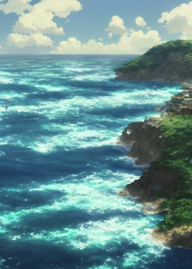 Prompt: island in a blue sea, makoto shinkai