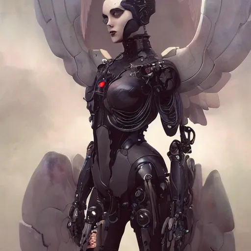 Image similar to Beautiful pale goth cyborg girl with mechanical wings and many wires, masterpiece 4k digital illustration by Ruan Jia and Mandy Jurgens and Artgerm and william-adolphe bouguereau, highly detailed, trending on artstation, award winning,