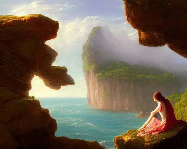 Image similar to an oil painting of a woman sitting on a rock overlooking an island, a digital painting by thomas cole, cgsociety, metaphysical painting, 2 d game art, storybook illustration, detailed painting