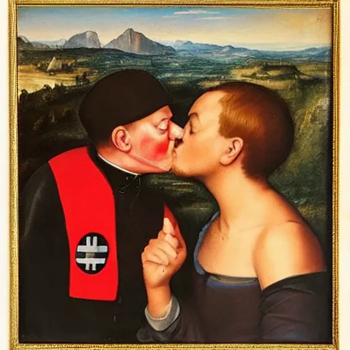 Image similar to still of donald trump kissing adolf hitler, renaissance painting