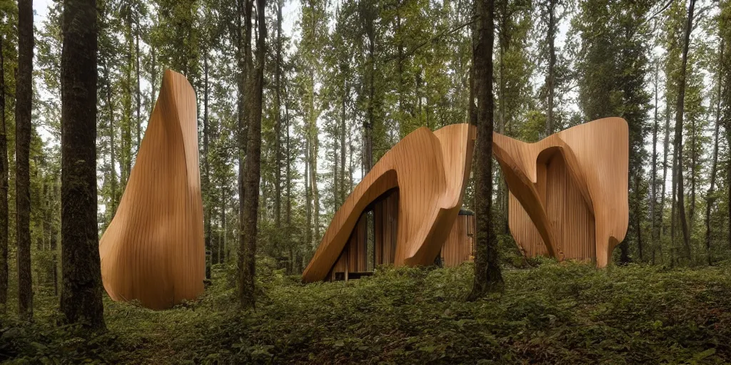 Image similar to wooden cabin designed by zaha hadid in an ominous forest, architectural photography