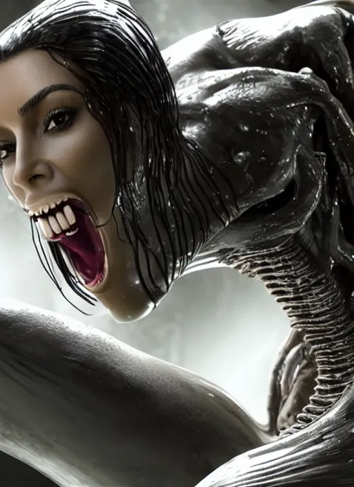 Image similar to film still of kim kardashian being licked by an xenomorph slathered in a transparent alien liquid, wet flowing hair, gooey skin, illustration, unreal engine 5, 8 k, directed by h. r. giger.