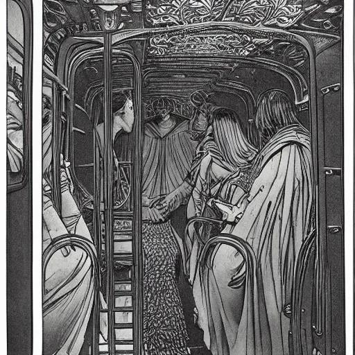 Image similar to artwork by Franklin Booth showing Babylon by bus