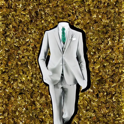 Prompt: Fancy suit made of leaves, displayed, product photo, digital art, trending on artstation