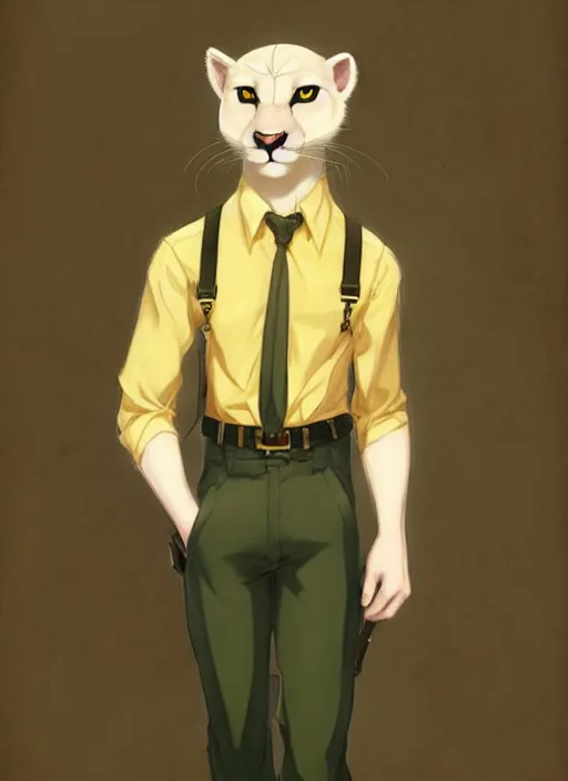 Image similar to beautiful portrait commission of a male furry anthro!!! albino mountain lion wearing a yellow dress shirt, olive green slacks, and suspenders. Atmospheric. Character design by charlie bowater, ross tran, artgerm, and makoto shinkai, detailed, inked, western comic book art