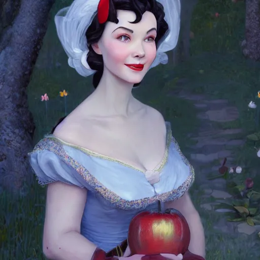 Image similar to vivien leigh smiling as snow white, au naturel, hyper detailed, digital art, trending in artstation, cinematic lighting, studio quality, smooth render, unreal engine 5 rendered, octane rendered, art style by klimt and nixeu and ian sprigger and wlop and krenz cushart