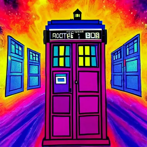 Prompt: A psychedelic fauvism painting of the TARDIS flying through a space-time vortex