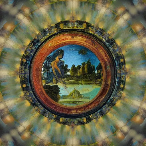 Image similar to an oil painting by botticelli seen through a kaleidoscope