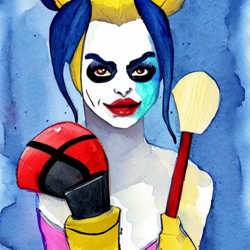 Image similar to “watercolor of Harley Quinn holding mallet”