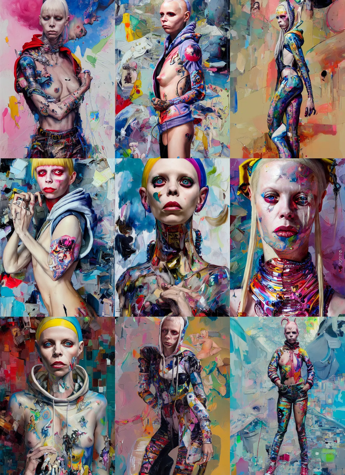 Prompt: yolandi visser in the style of martine johanna and donato giancola, wearing hoodie, standing in township street fashion outfit,!! haute couture!!, full figure painting by john berkey, david choe, ismail inceoglu, gorgeous features, detailed impasto brushwork, 2 4 mm lens,