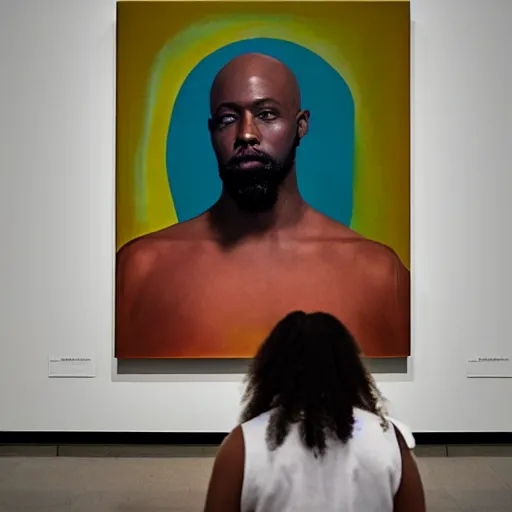 Image similar to a strikingly handsome bald 🧔🏿‍♂️ with a goatee viewing contemporary artwork at the Hirschhorn museum