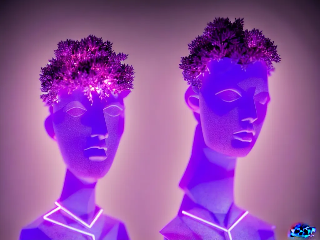 Image similar to beautiful mannequin sculpted out of amethyst by billelis + lit with purple 3 d geometric neon + chrome geometric cubed bonsai plants!!!!, doorway opening with neon pink geometric light, clean linework, dramatic, finely detailed, rule of thirds, moody, confident, award winning, 4 k, trending on artstation, photorealistic, volumetric lighting, octane render