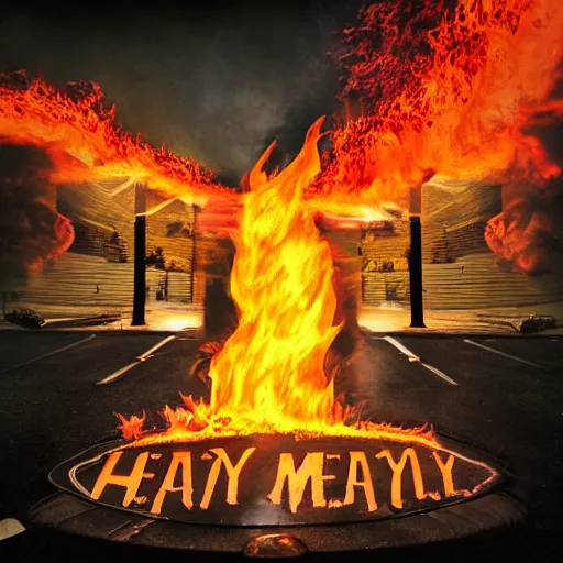 Prompt: heavy metal album cover featuring a fire hydrant surrounded by flames