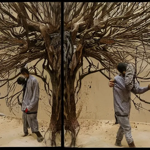 Image similar to The art installation shows a man caught in a storm, buffeted by wind and rain. He clings to a tree for support, but the tree is bent nearly double by the force of the storm. The man's clothing is soaked through and his hair is plastered to his head. His face is contorted with fear and effort. wabi-sabi, coloring-in sheet by William Steig lush