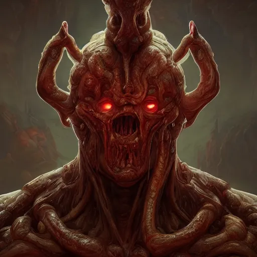 Image similar to the icon of sin from doom, au naturel, hyper detailed, digital art, trending in artstation, cinematic lighting, studio quality, smooth render, unreal engine 5 rendered, octane rendered, art style by klimt and nixeu and ian sprigger and wlop and krenz cushart