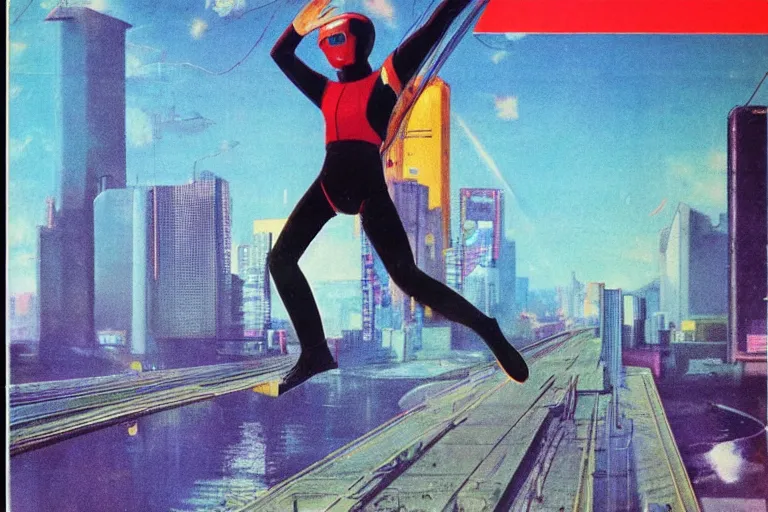 Image similar to 1 9 7 9 omni magazine cover of jumping off a bridge above a park in osaka. cyberpunk style by vincent di fate