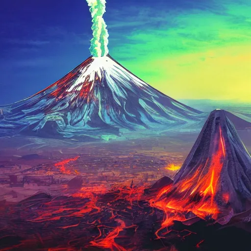 Prompt: a volcano, cyberpunk art