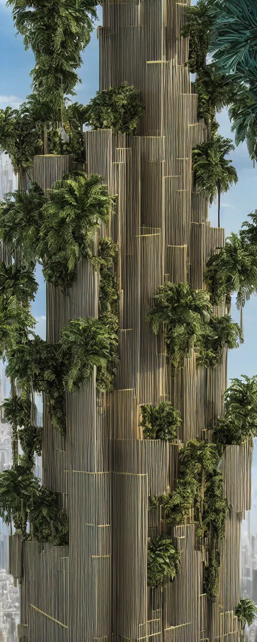 Image similar to maquette of eye level view of a contemporary tower, golden intricate details, stone facade, sacred architecture, hanging gardens, cascading highrise, arid mountains with lush palm forest, photorealistic, sunlight, 8 k, post - production, octane, cgi, sfx