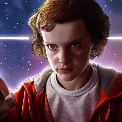 Image similar to Concept art, Eleven from 'Stranger Things' Season 3 (2019), with long hair, conjuring a magical miniature sun in her hand