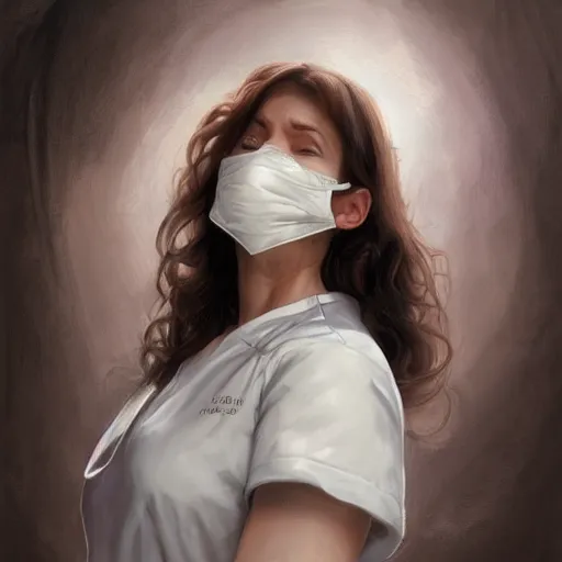 Image similar to epic portrait an female nurse in a white dress and short sleeves wearing a mask and closing her eyes, detailed, centered, digital painting, artstation, concept art, donato giancola, Joseph Christian Leyendecker, WLOP, Boris Vallejo, Breathtaking, 8k resolution, extremely detailed, beautiful, establishing shot, artistic, hyperrealistic, beautiful face, octane render