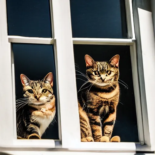 Image similar to black cat and tabby cat in a sunlit window