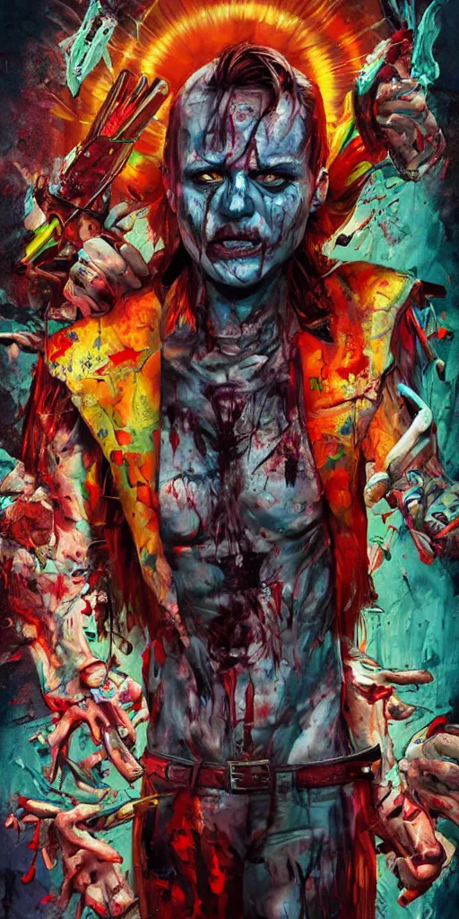 Image similar to Bright, colorful, realistic Serial killer rpg single individual full body and head shot gore covered with scars and tattoos screaming, backlighting, kodachrome, high contrast, highly detailed, sharp focus, digital painting, concept art, illustration, trending on artstation, comic book by Alex Ross cover art