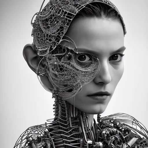 Image similar to closeup portrait of an absurdly beautiful, graceful, sophisticated, fashionable cyberpunk mechanoid gravure idol, an ultrafine hyperdetailed illustration by irakli nadar, matt wisniewski style, fashion photography, intricate linework, porcelain skin, jellyfish headdress, fractal ivory carved ruff, unreal engine 5 highly rendered, global illumination, radiant light, detailed and intricate environment