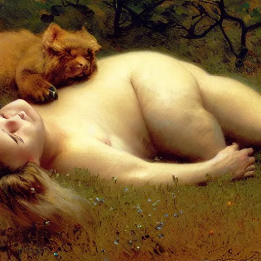 Prompt: a portrait of a person with an animal body sleeping on the grass. highly detailed painting by gaston bussiere, craig mullins, j. c. leyendecker, furry