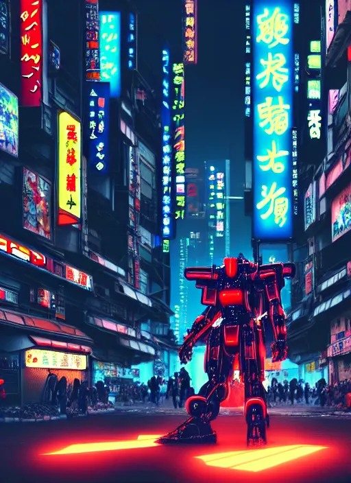 Image similar to market in japan, cyberpunk style, giant mecha - warrior in battle pose in center of field on first plan, bright neon signs, larry elmore, octane render, 3 d render, hard surface, masterpiece, trending on artstation, featured on pixiv, cinematic composition, hyper - detailed, hd, hdr, 4 k, 8 k