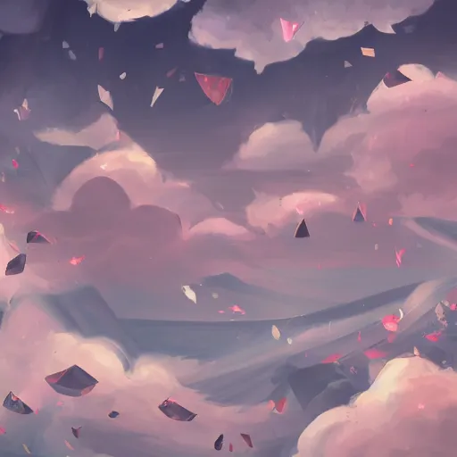 Image similar to background art of spaciously scattered longswords flowing and floating through the blowing swirling directional wind from left to right on a simple cloudy sky background, big puffy clouds, large individual rose petals, angular background elements, polygonal fragments, anime, artgerm, manga, trending on artstation, art nouveau, mature color scheme