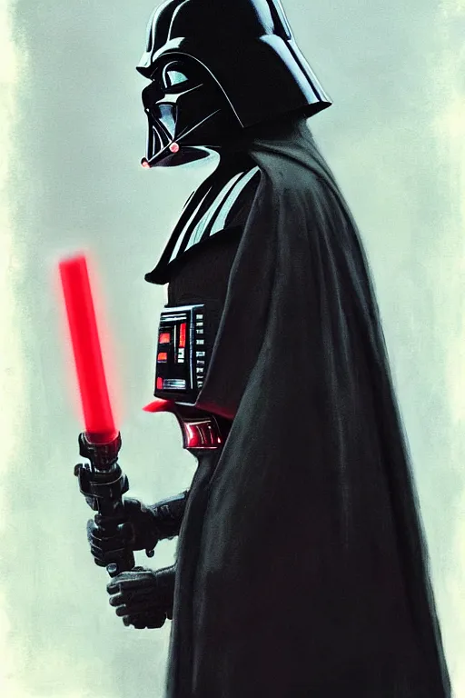 Image similar to darth vader from sideview with large shoulders, armor, dark realistic proportions concept art, detailed art realistic no lightsaber, horror monet, red, ethereal horror fantasy art by greg rutkowski and magali villanueve and monet con