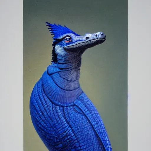 Prompt: a detailed oil painting of a crocodile blue jay hybrid, intricate, trending on artstation, well - lit, by michael whelan, james gurney, and donato giancola - w 7 0 0