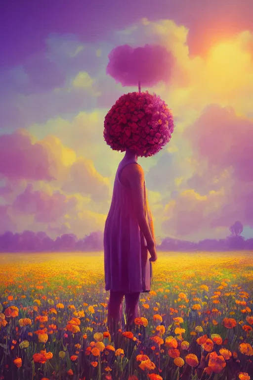 Image similar to closeup, giant flower head, girl standing in a field of flowers, surreal photography, sunrise, blue sky, dramatic light, impressionist painting, digital painting, artstation, simon stalenhag