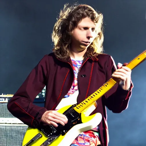 Image similar to michael cera playing guitar at an aerosmith concert, photo, detailed, 4 k