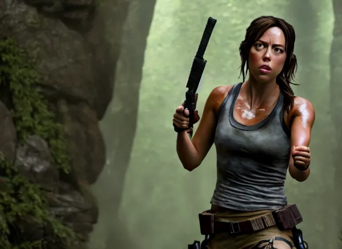 Image similar to film still of aubrey plaza as lara croft in new tomb raider movie, 8 k