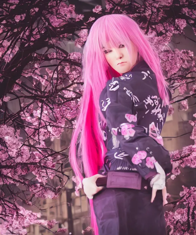 Image similar to video game girl, light pink hair with pink flames, cherry blossoms, neo tokyo, portrait, perfectly symmetrical, 5 0 mm