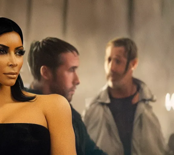 Image similar to a movie still of kim kardashian sitting with ryan gosling in the movie blade runner 2 0 4 9