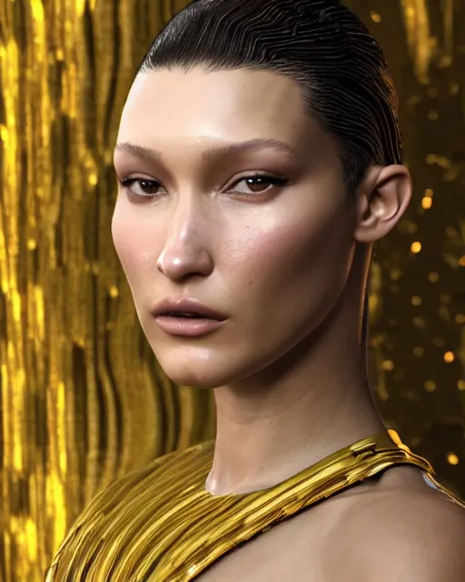 Prompt: a highly detailed metahuman 8 k close up render of bella hadid in gustav klimt style trending on artstation made in unreal engine 4