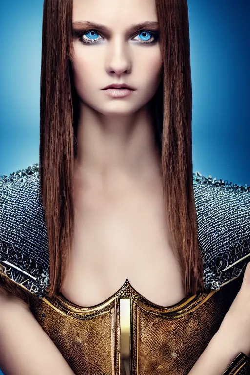 Prompt: female knight, brown hair, blue eyes, by roberto cavalli, luxury materials, symmetrical, cinematic, elegant, professional studio light, real dlsr photography, sharp focus, 4 k, ultra hd, sense of awe