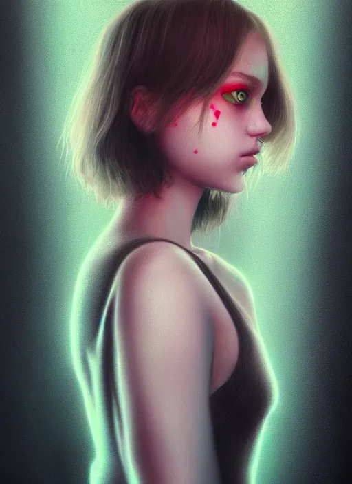 Image similar to portrait of a ominous girl, perfect green eyes, detailed iridescent floral pattern skin, ultra realistic, cinematic lighting, depth of field, artstation, Gottfried Helnwein
