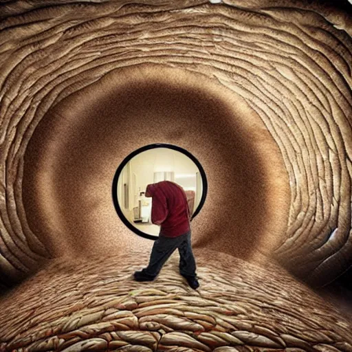 Image similar to man living inside a bread seen from outside, hyper detailed