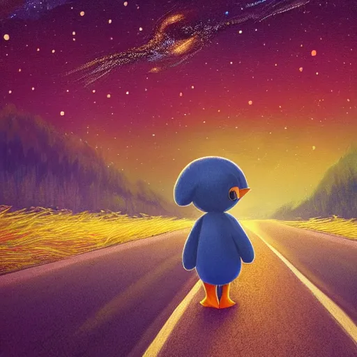 Image similar to a lonely duck walking on the road and looking up at the sky, milky way, starry sky, art station trend