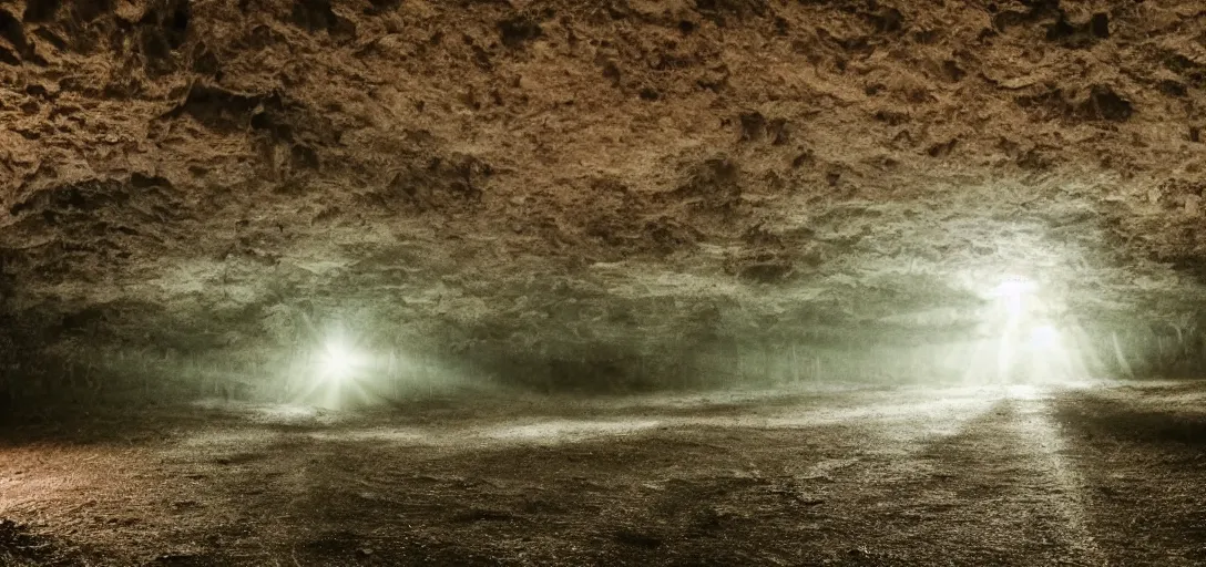 Prompt: large city in underground large cave, vines, god rays shot from far away