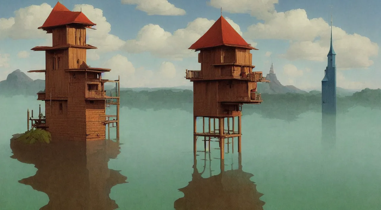 Prompt: single flooded simple divine wooden tower, very coherent and colorful high contrast!! masterpiece by rene magritte simon stalenhag carl spitzweg syd mead norman rockwell edward hopper james gilleard, minimalist, dark shadows, sunny day, hard lighting