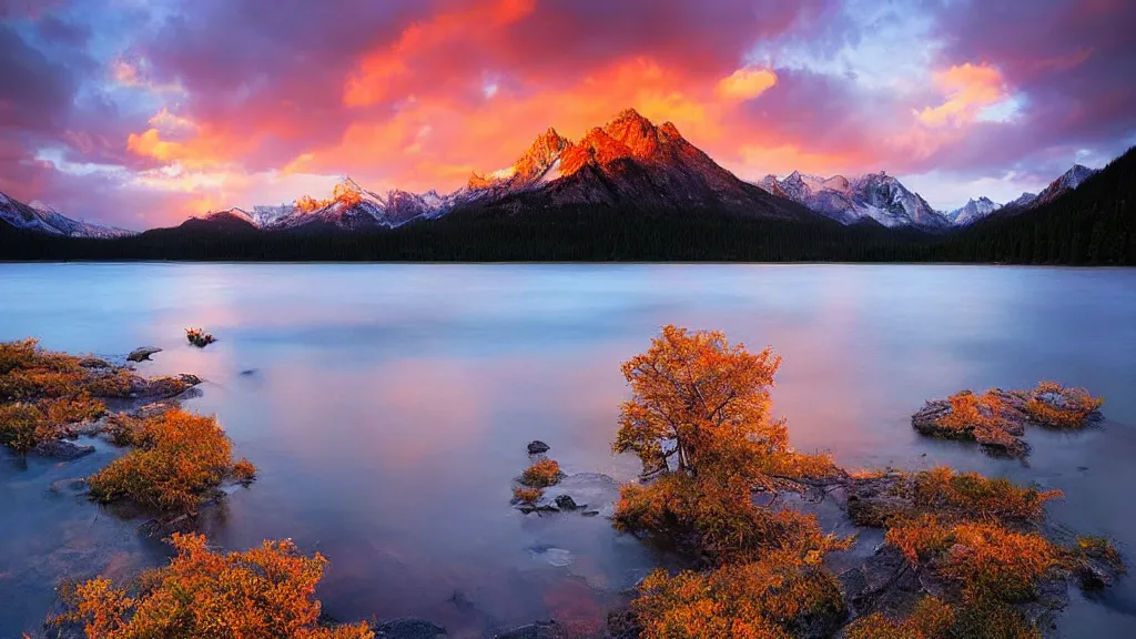 Prompt: amazing lake view photo of golden taiga in sunset by marc adamus, beautiful dramatic lighting