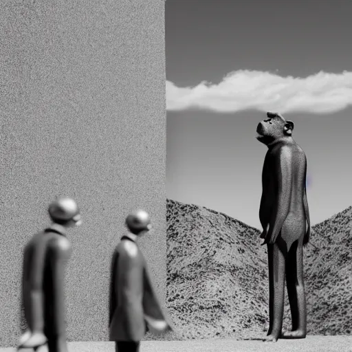 Prompt: Contamporary art fashion photography of ultra mega super hyper realistic detailed group of monkey's in suits, standing around very highly detailed stainless steel monolith situated in the desert. Photo shot on ultra mega super hyper Leica Camera
